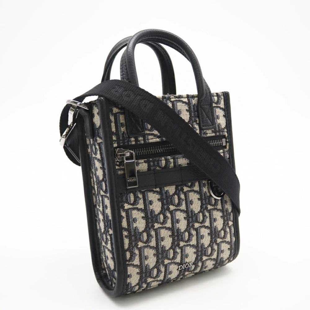 Dior Oblique Safari North South Tote Shoulder Bag Navy Blue Beige